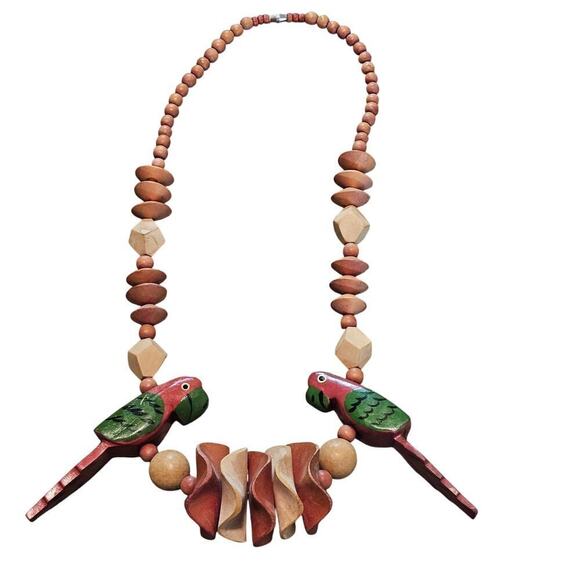 Vintage Wood Parrot Necklace 13" Brown Red Beaded Chunky Birds Retro Indie Boho - Picture 3 of 9